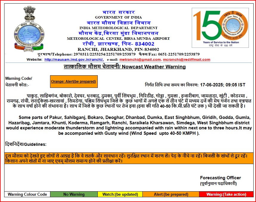 Jamshedpur news :झारखंड में मानसून की दस्तक, 17 से 20 जून तक भारी बारिश और वज्रपात का अलर्ट