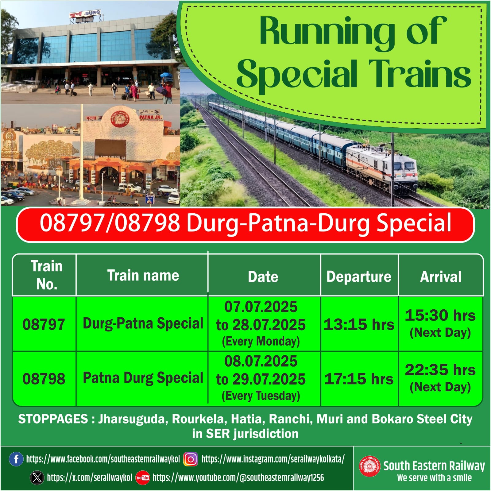 South East Central Railway :बिहार–झारखंड–छत्तीसगढ़ के बीच नई ट्रेन, जानें रूट, स्टॉपेज और समय-सारिणी