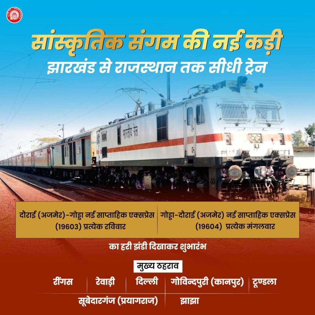 INDIAN RAILWAYS : झारखंड से राजस्थान के लिए पहली सीधी ट्रेन सेवा शुरू