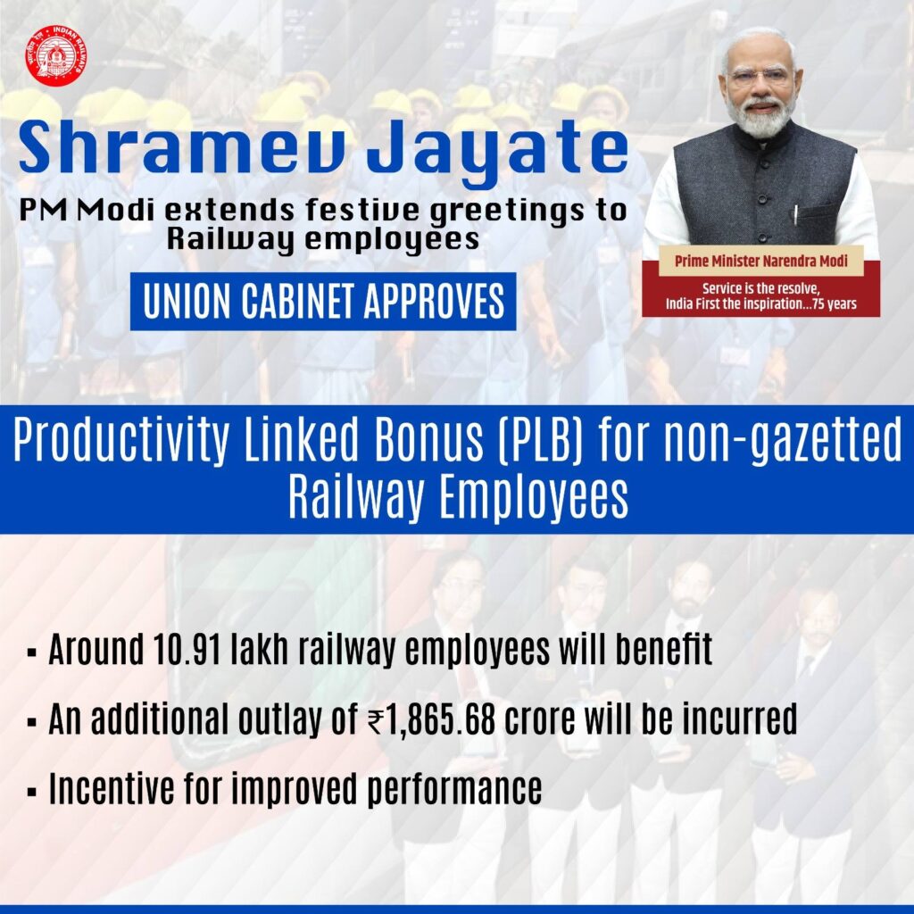 Indian Railways :केन्द्रीय मंत्रिमंडल ने रेलवे कर्मचारियों को 78 दिनों के उत्पादकता से जुड़े बोनस को स्वीकृति दी