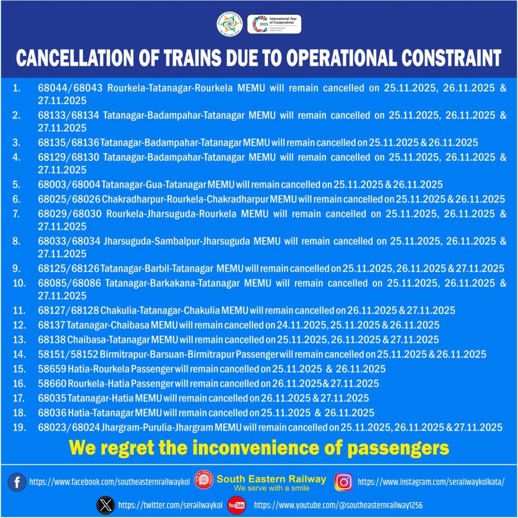 SOUTH EASTERN RAILWAY:32 Trains Cancelled in Chakradharpur Division from November 25–27 Due to Shortage of Loco Pilots; Thousands of Local Passengers Affected